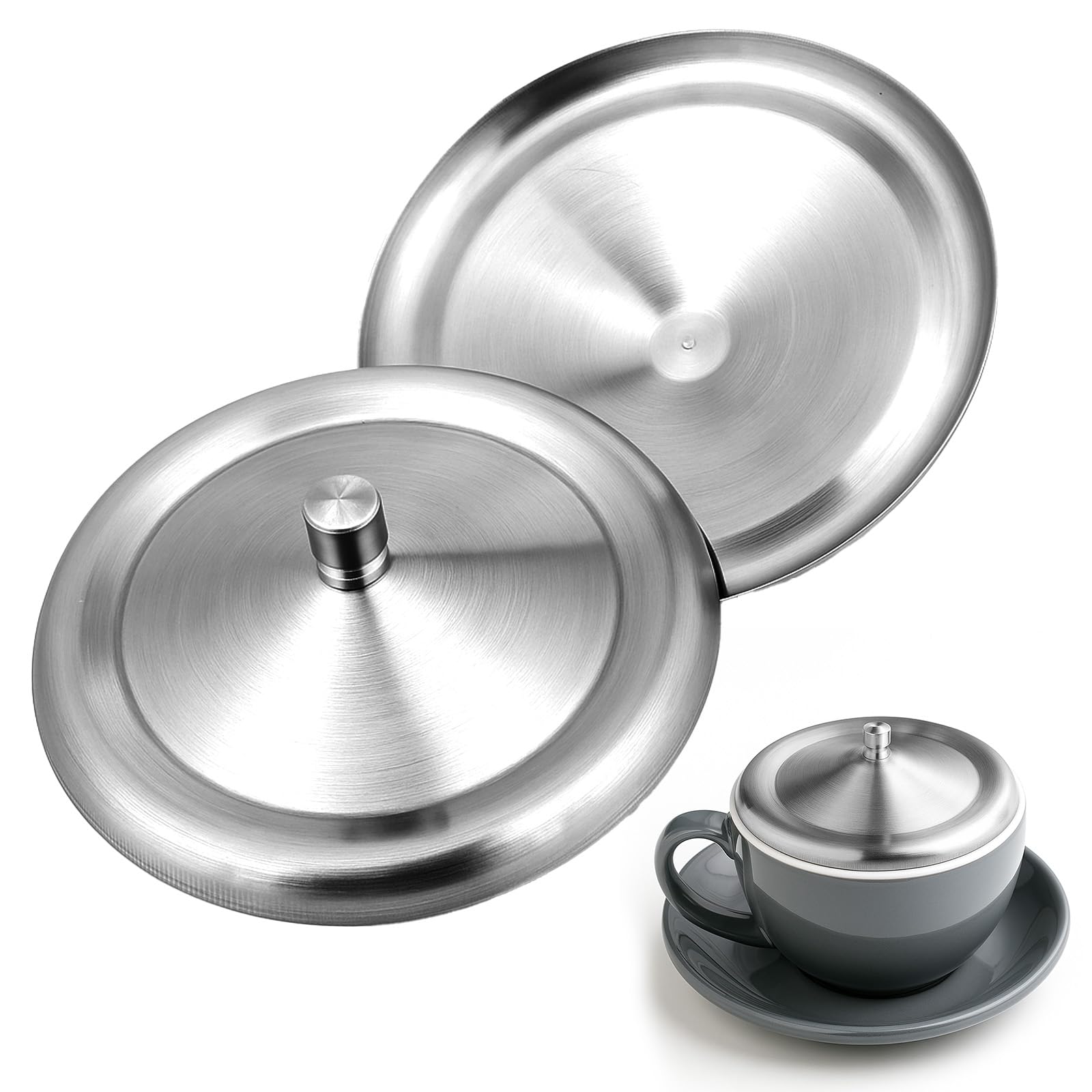 Photo 1 of 2 Pcs Stainless Steel Cup  Cover, Home Round Tea and Coffee Mug, Cup Lids, Dust Cover Mug Lid, Universal Lid for Home, Office, Camping (Silver, 10.2cm/4 Inch)