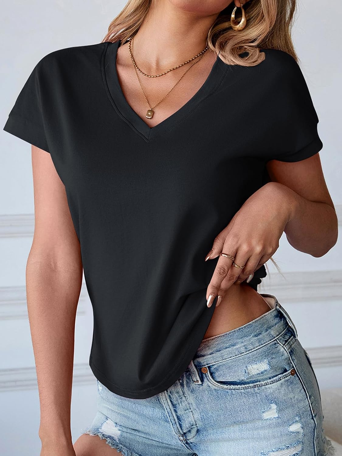 Oymyakon Women Cotton Cap Sleeve Tops Cropped V Neck T Shirts Boxy Tee Shirt Loose Fit Short Sleeves Casual Summer Blouse - Image 3