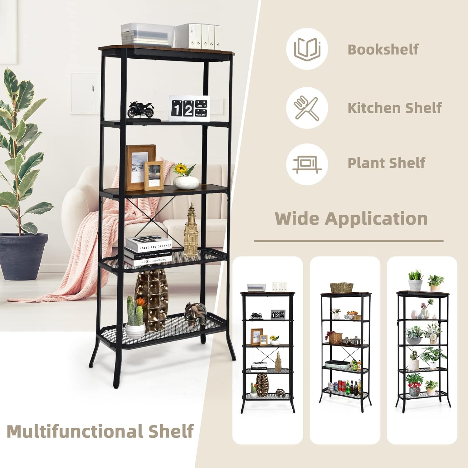 Tangkula 5 Tier Bookshelf, Freestanding Storage Shelving Unit with Steel Frame and Out-Stretched Legs, Industrial Open Display Shelf Plant Stand Organizer for Living Room Home Office