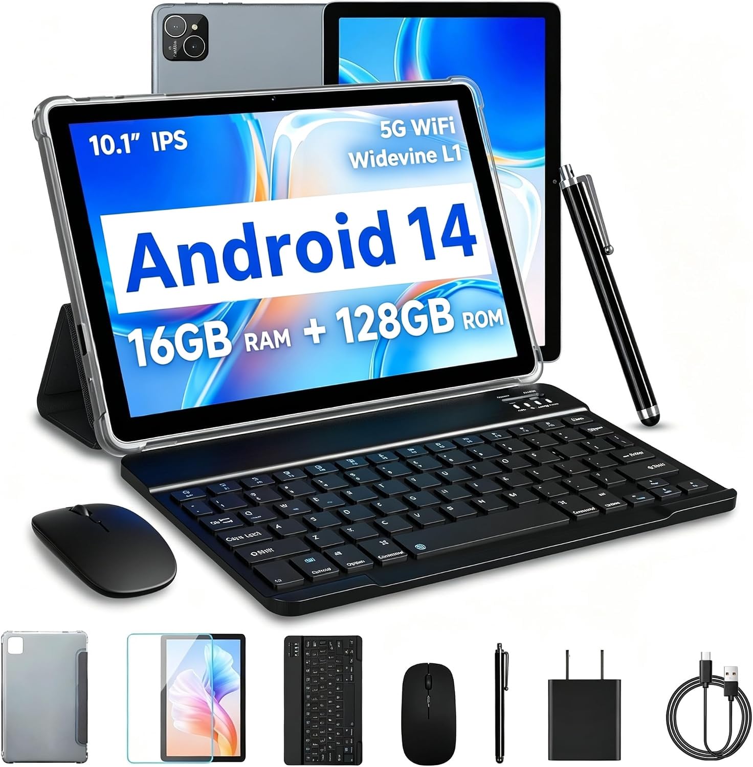 VASOUN Tablet,Android Tablet 10 Zoll,16GBRAM+128GB ROM,1TB Erweiterung,1280 x 800Pixels,2MP+8MP,8000mAh Batterie,Dual Kamera,WiFi Tablet mit Tastatur,Maus/Stift/Schutzhülle/Ladegerät