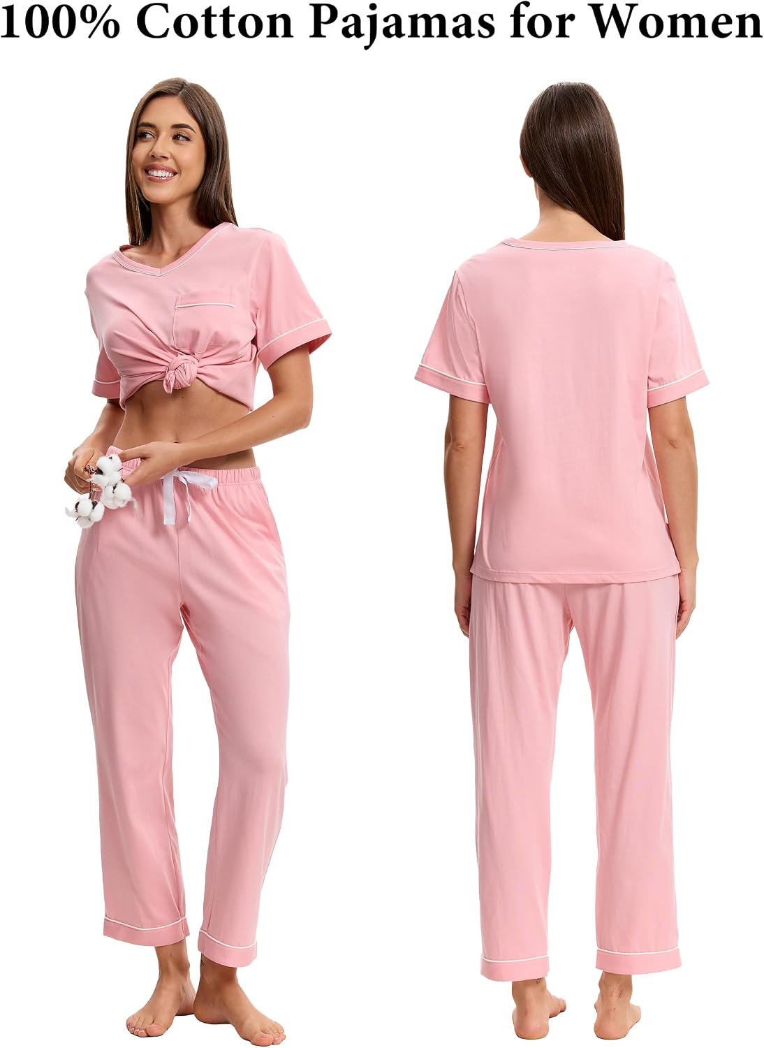 ANLIQI 100% Cotton Pajamas for Women Short Sleeve Sleepwear & Long Pants 2 Piece Pjs Loungewear Pj Set with Pockets S-XXL image 3