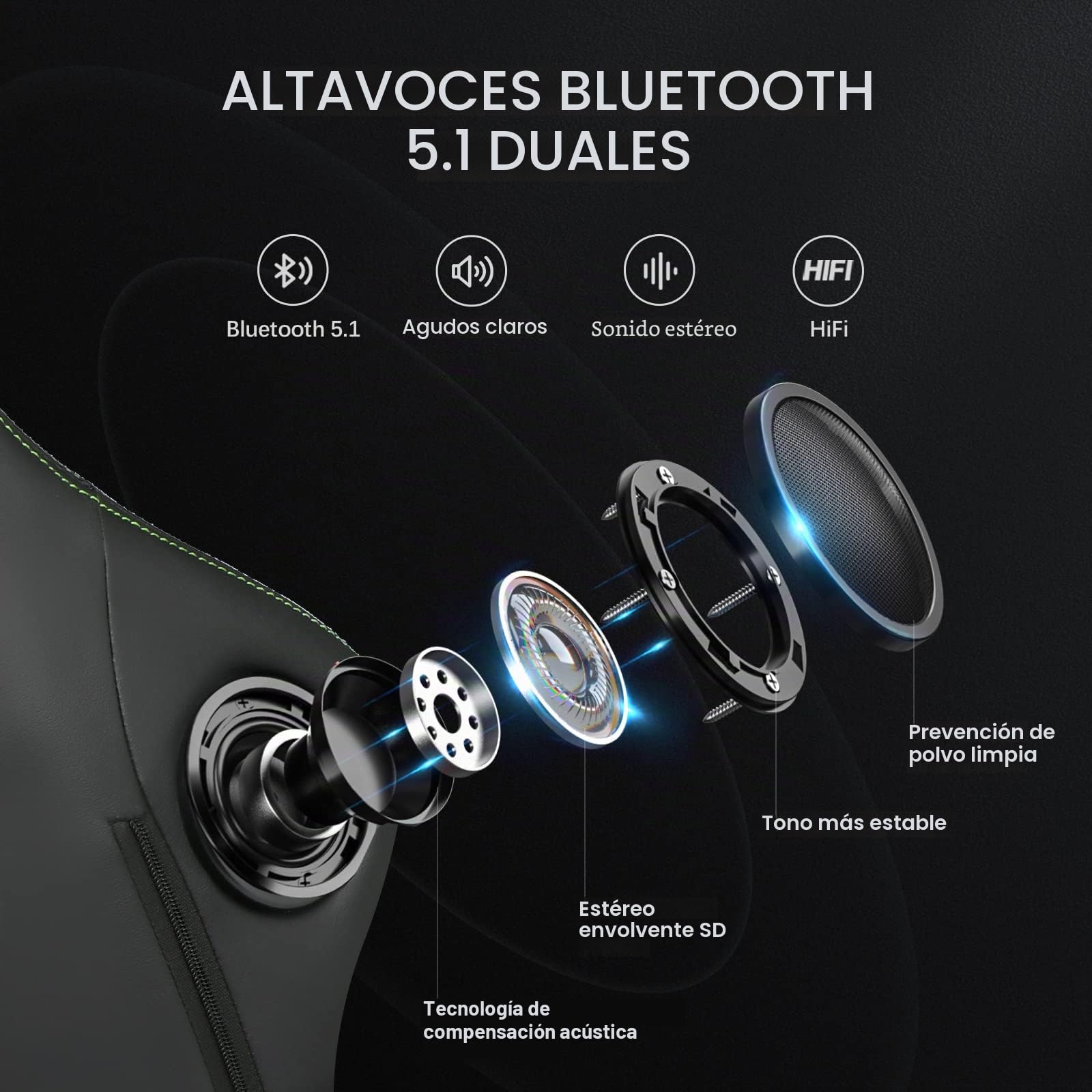 GTPLAYER Silla de Juego, ergonómica, para Gamer, con reposapiés, Altavoz, música, Carga máxima: 150 kg, Negro/Verde