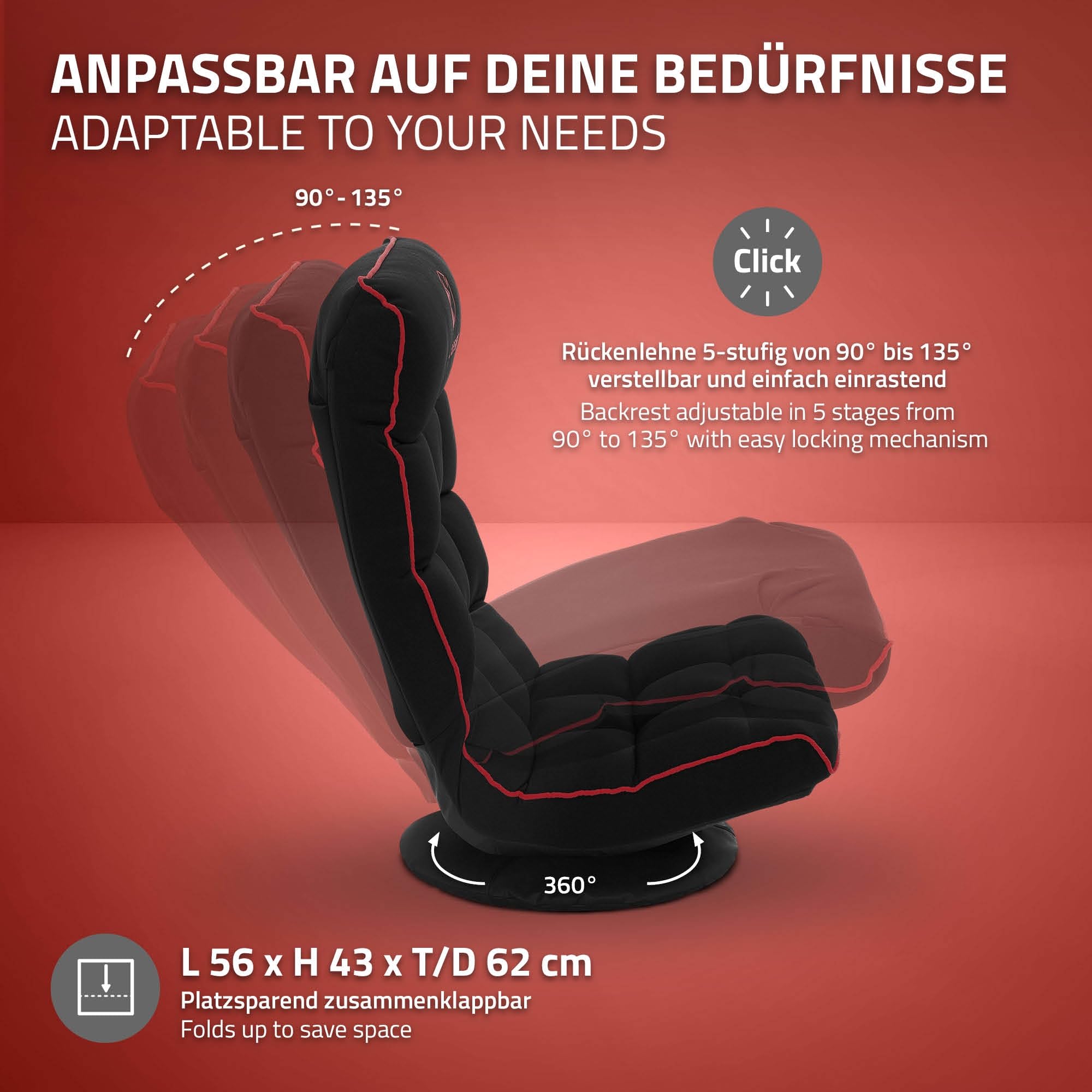 ML-Design Gaming Bodenstuhl Schwarz-Rot, Ergonomischer Gaming Sessel, 360° drehbar & verstellbar, Klappbarer Boden Gamer Stuhl mit Kopfstütze, Bodensessel gepolstert, Relax Bodensofa, Lounge Sessel