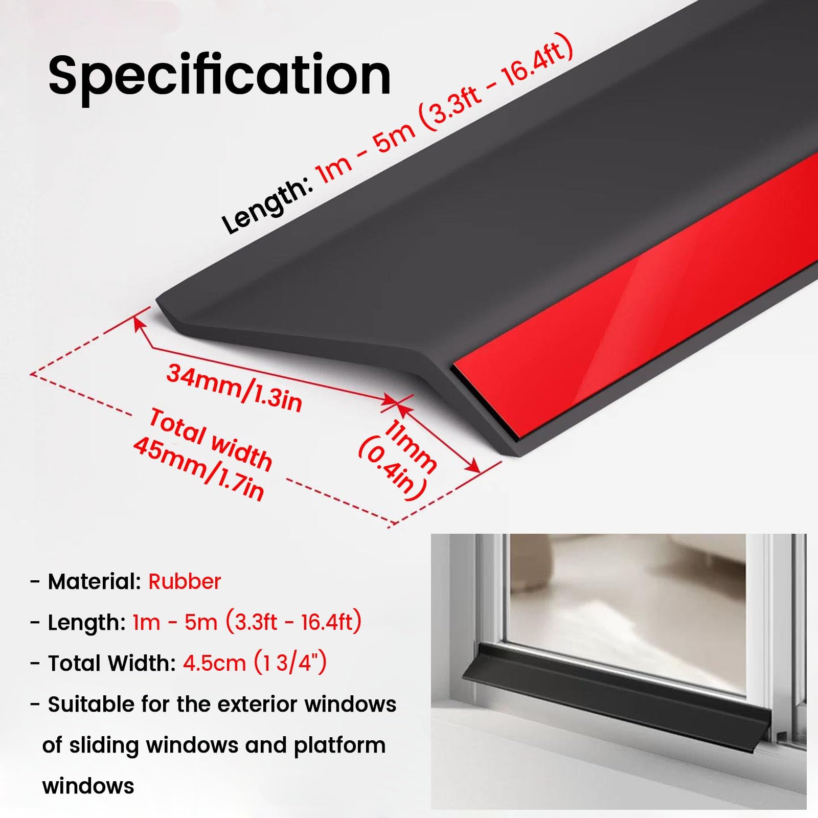 JYHHCYS Caucho Perfil Vierteaguas Ventana Instalación Autoadhesiva | Protector Contra Goteo De Lluvia Para Puertas Y Ventanas, Deflector De Tira De Línea De Goteo(W 4.5cm/1.7in,L 5m/16.4ft)