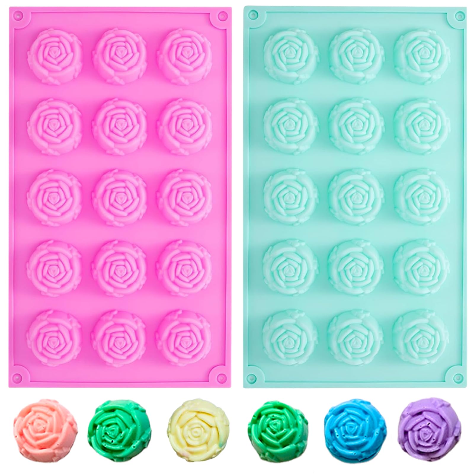 2 PCS Rose Silicone Fondant Molds Food Grade Silicone Mold 3D Rose Flower Ice Cube Molds 15 Cavity for DIY 3D Ice Trays Soap Molds Mousse Muffin Chocolate Jelly Candle Molds
