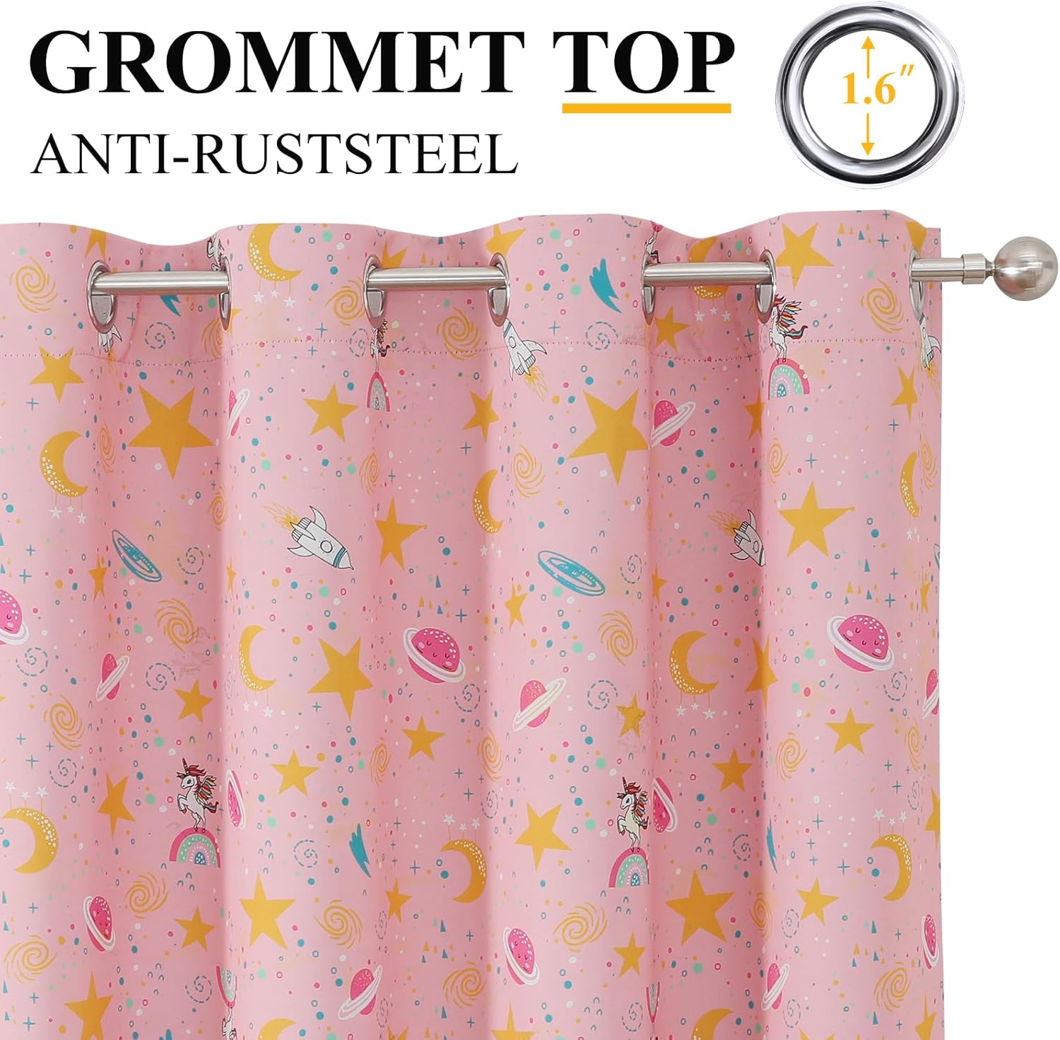 Estelar Textiler Girls Cartoon Unicorn Rainbow Curtains, Cute Moons and Stars Print Grommet Drapes for Kids Room, Pink Blackout Curtains Window Treatments 2 Panel Set for Nursery, 38x84 Inch