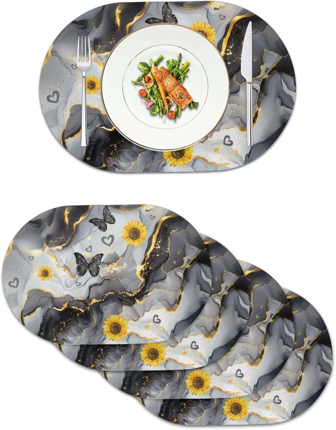 Floral Set of 4 Faux Leather Round Placemats Kitchen Table Mats, Waterproof Coffee Mats, Easy to Clean Dinner Placement Mats Non Slip Oval Table Mat