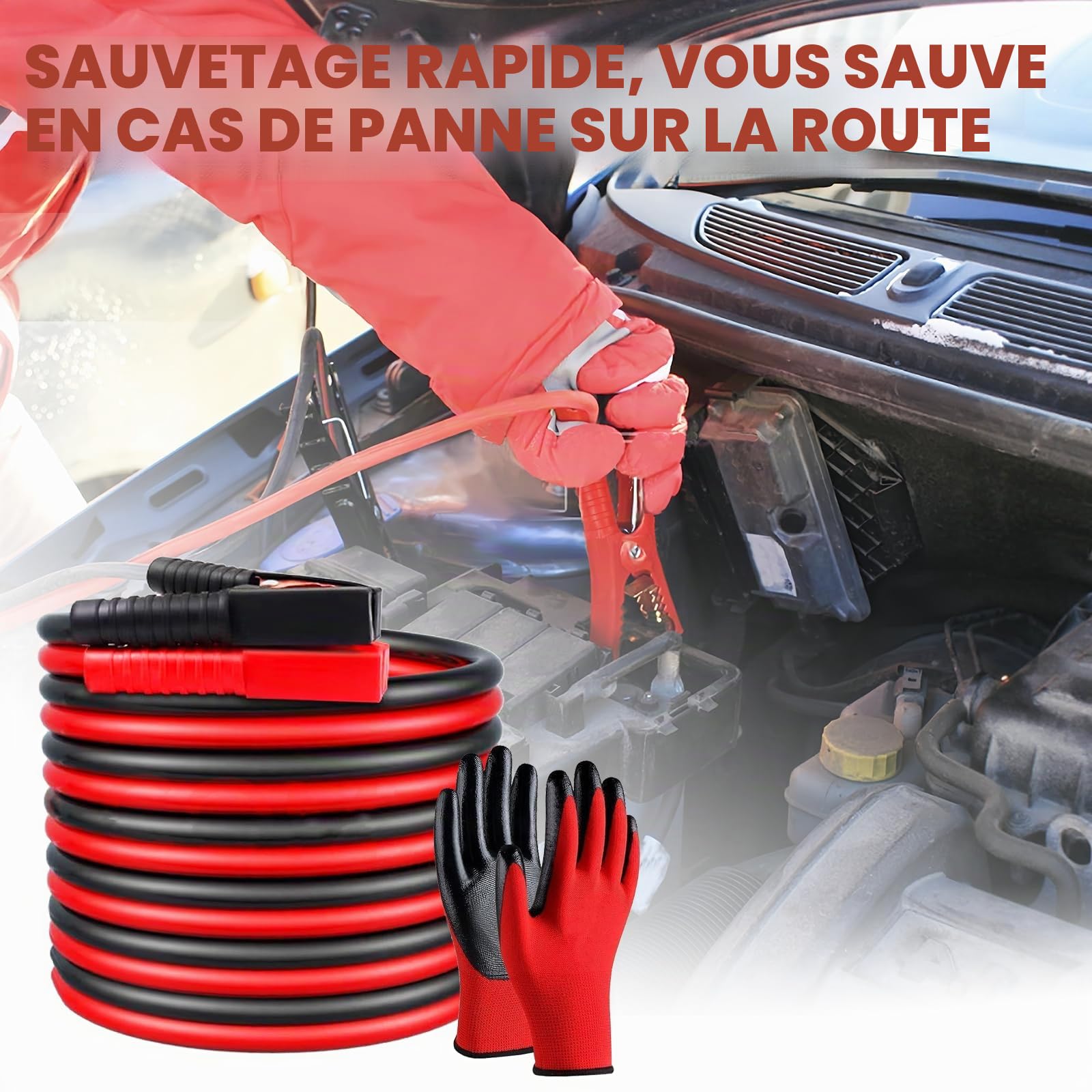 Câbles de démarrage pour voiture, câbles de démarrage robustes de 4 m, câbles de démarrage de batterie de voiture 2000 A avec gants