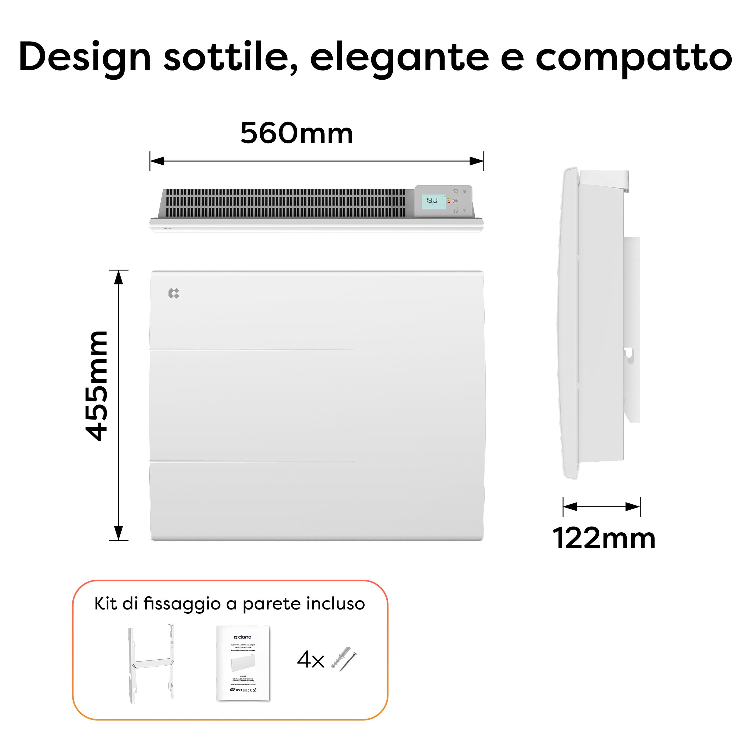 CIARRA CBHT10E Radiatore a Inerzia Pannello Radiante 1000W | Riscaldamento Elettrico Intelligente con Programmazione PID e Settimanale, IP24 per Bagno o Camera da Letto (10-15 m²)