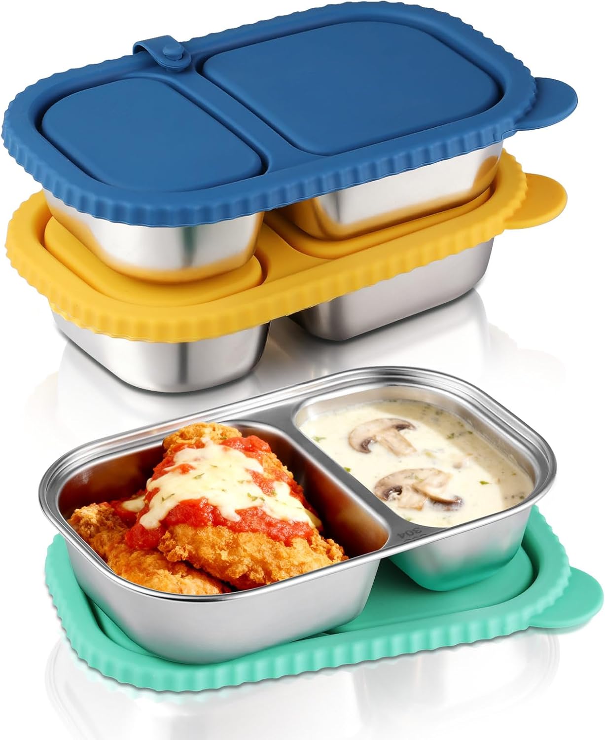 3 pack Stainless Steel Snack Container with Lid – 2 Compartment Reusable Leakproof Snack Box for Kids and Adults, Dishwasher & Freezer Safe, Ideal for Travel, School, Meal Prep