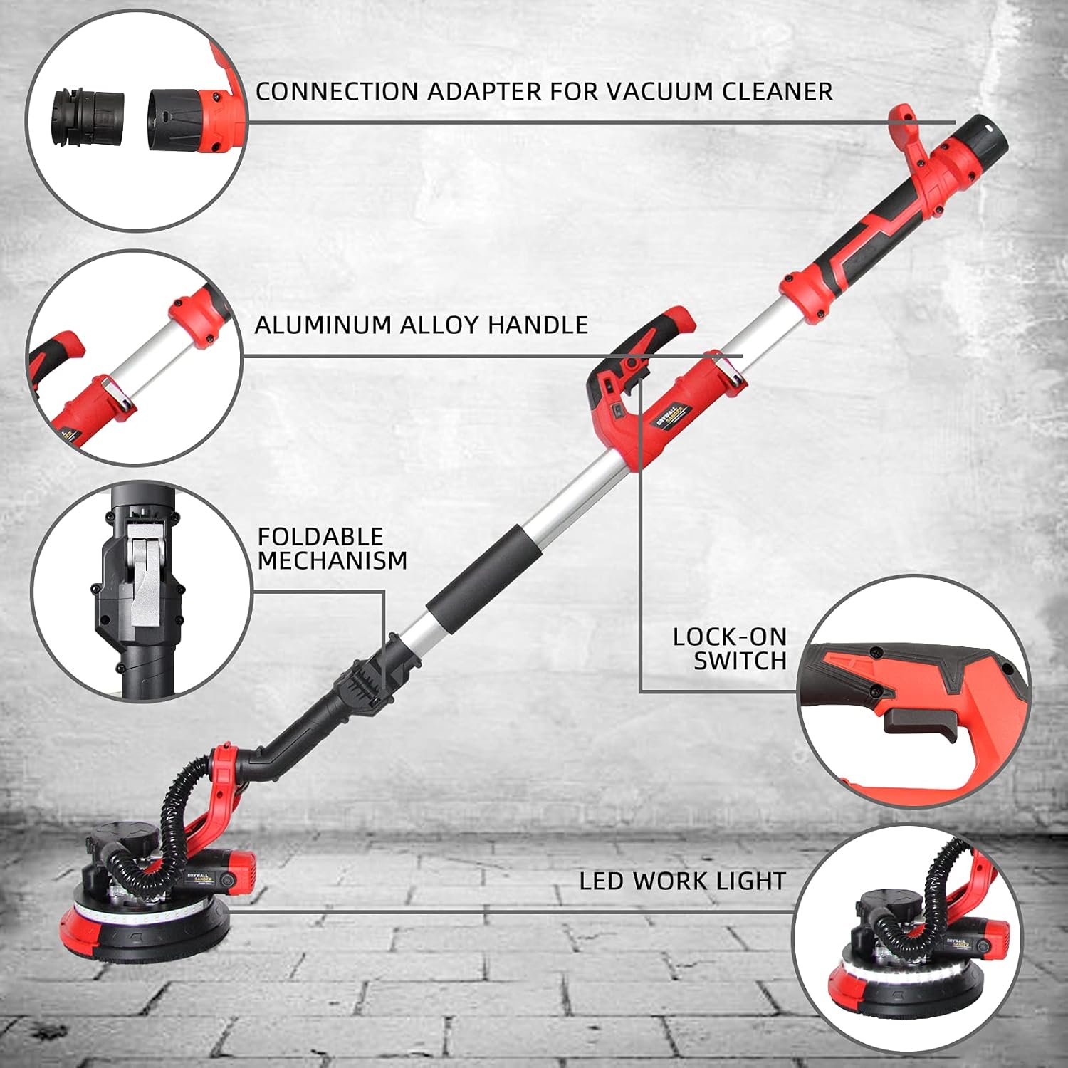 DOMINOX Drywall Sander with Vacuum Adapter, 880W Electric Wall Sander Electric Power Drywall Sander Power Disc Sanders Sanding Machine Variable Speed 1000-2100 RPM - - 