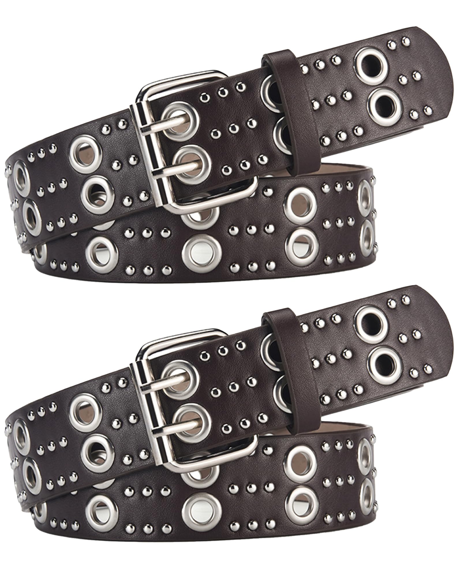 SEAUR Double Grommet Leather Belt for Women Y2K Punk Studded Gothic Adjustable Waist Belt for Jeans Dresses