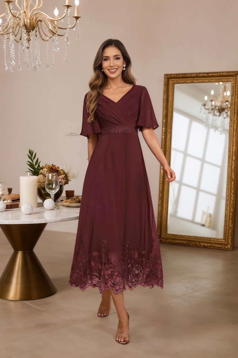 Tea Length Mother of Bride Dresses with Sleeves Chiffon V-Neck Lace Beaded Formal Evening Dresses for Women UU205 - Image 5