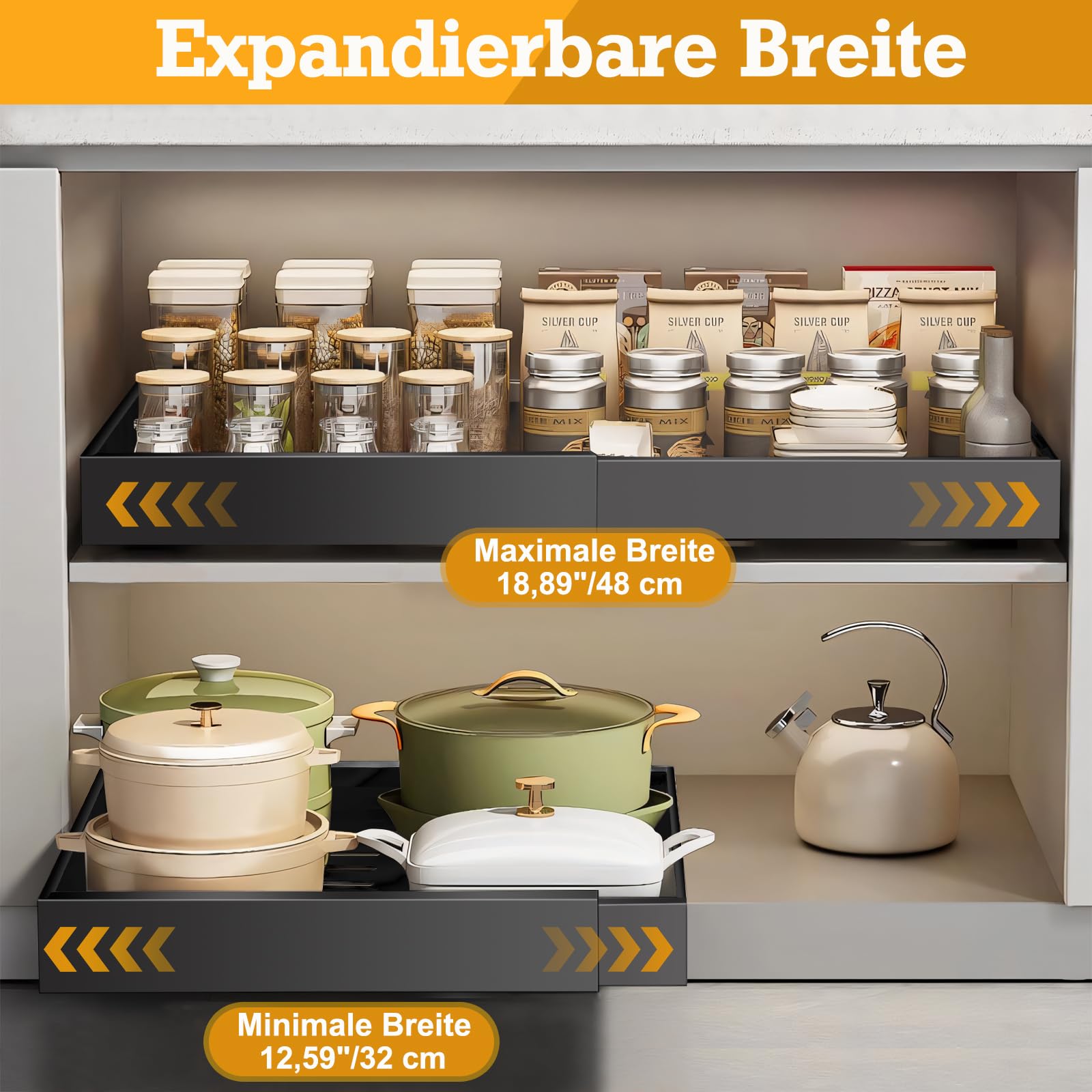 2 Stück Teleskopschublade, Ausziehbare Schublade, Küchenschrank Organizer | für Küchenschränke, Schubladen Aufbewahrungsregale (32–48 cm B x 42 cm T x 6 cm H), Kein Bohren und Nageln Erforderlich