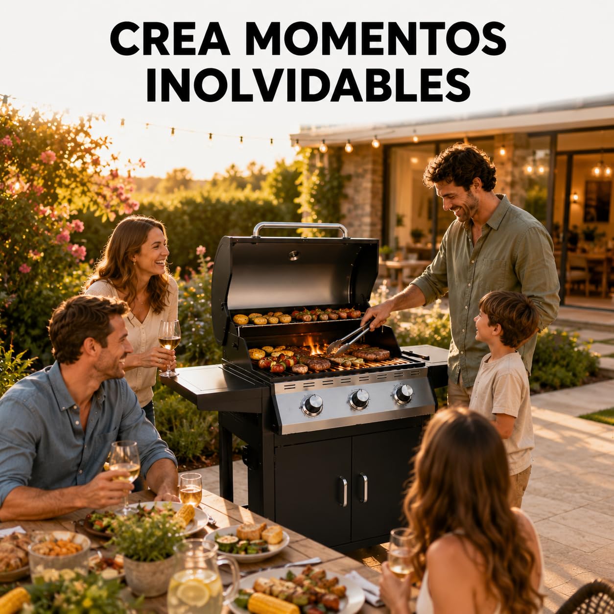 Barbacoa de gas 3 fuegos con tapa y termómetro integrado – Parrillas resistentes, ventilación lateral, mesas laterales plegables, estructura robusta – Barbacoa exterior