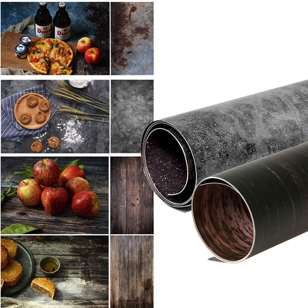 Meking Selens Double Sided Photography Backdrop, 2 Pack Wood & Retro Vintage Cement Wall Texture Flat Lay Background Paper for Food, Small Product Photography Props—22x35 Inch