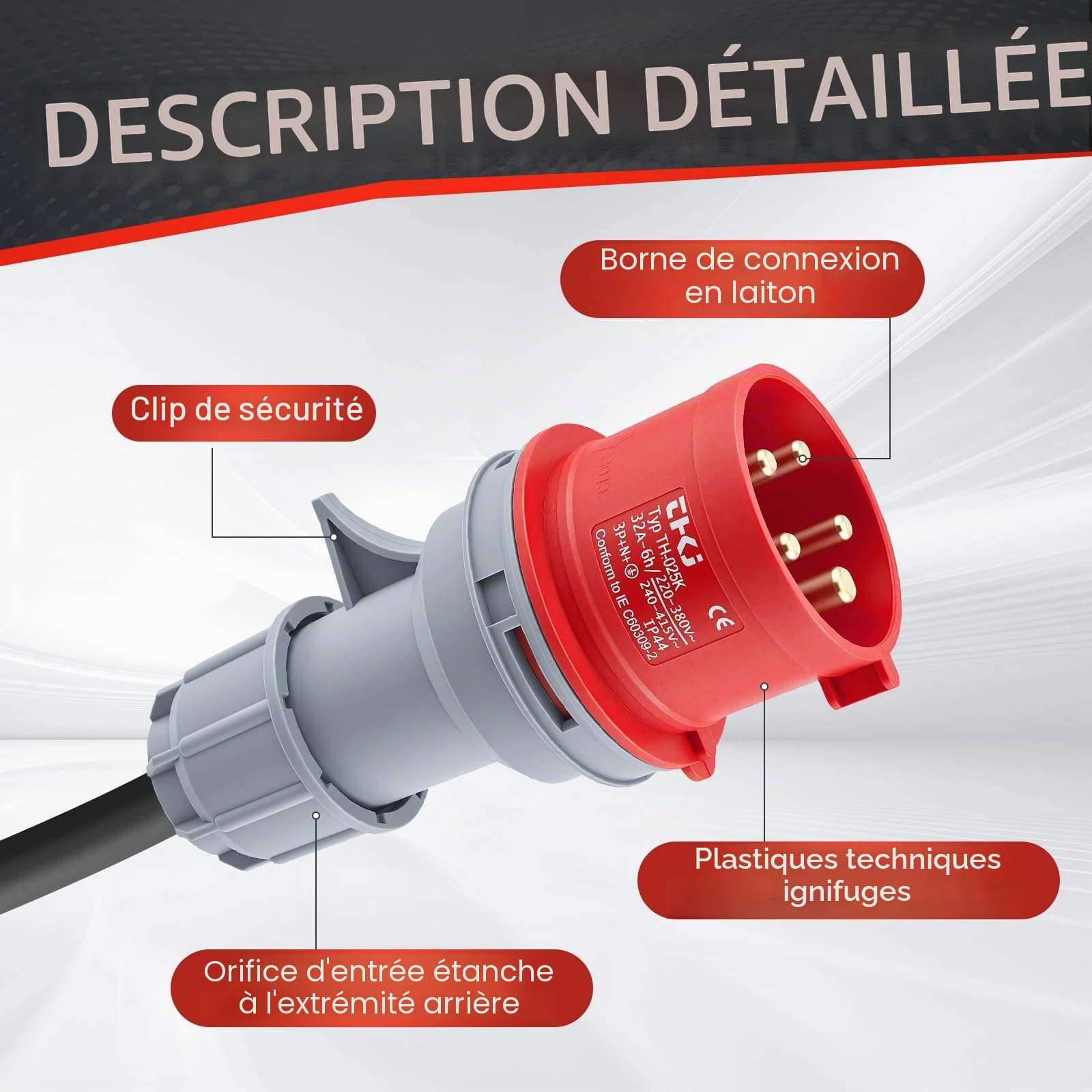 Adaptateur CEE 32A vers 16A, 5 pôles, IP44 étanche avec Couvercle de Protection Auto-fermant pour Industrie, Chantiers et Voiture électrique