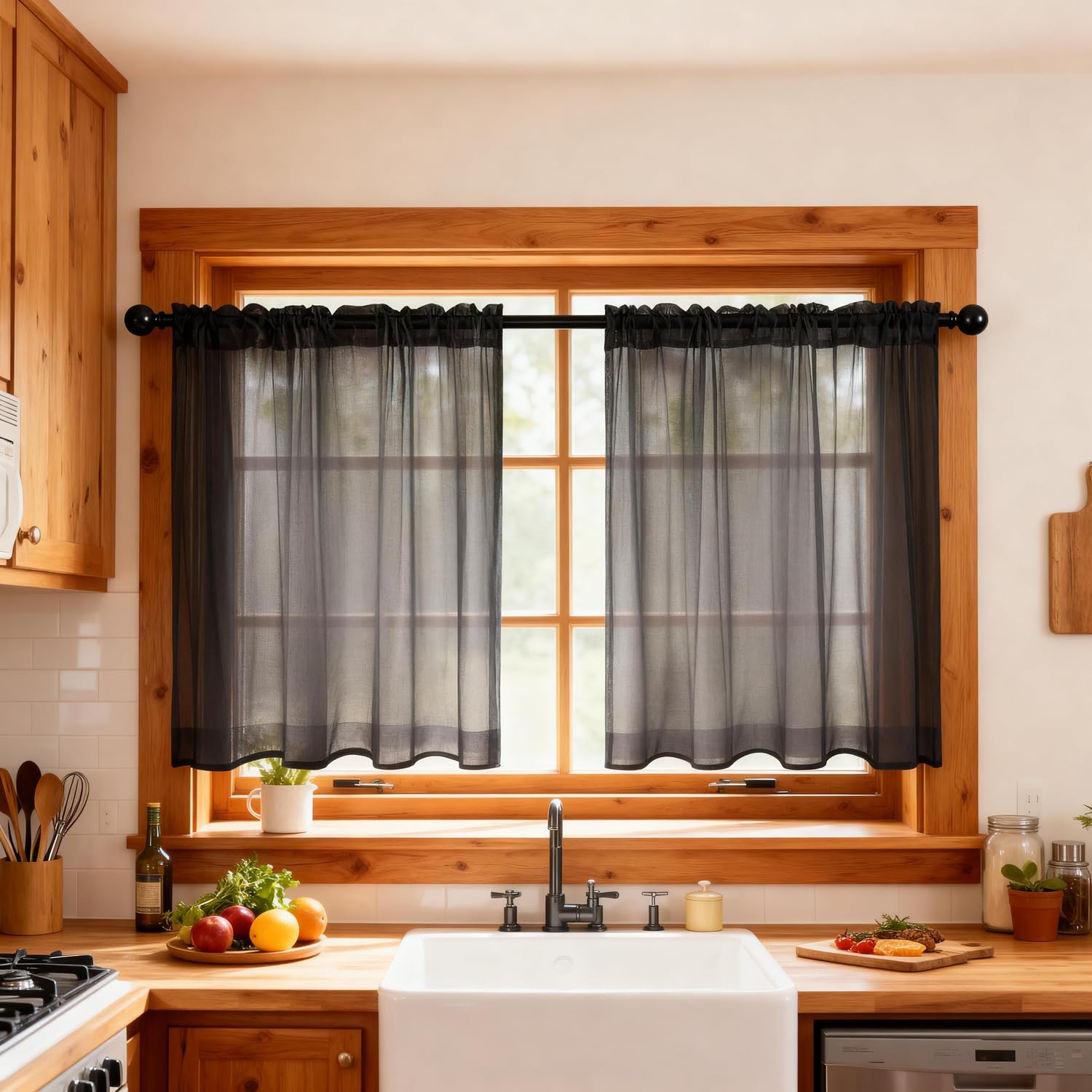 AUTMOR Sheer Kitchen Curtains, Wrinkle Resistanting & Light Filtering, 2 Panels Black Sheer Curtains Ideal for Cafe Kitchen Bathroom Basement