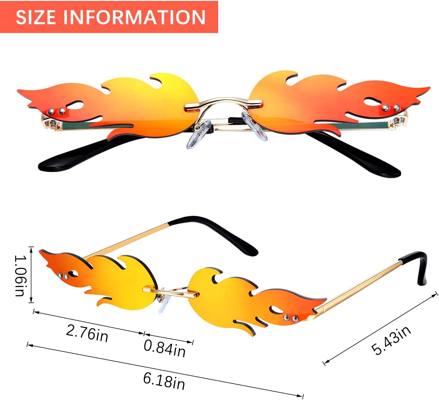 2 Pieces Fire Flame Sunglasses Flame Rimless Sunglasses Rimless Wave Glasses Fire Shape Glasses Eyewear for Party (Red and Silver) - Image 3