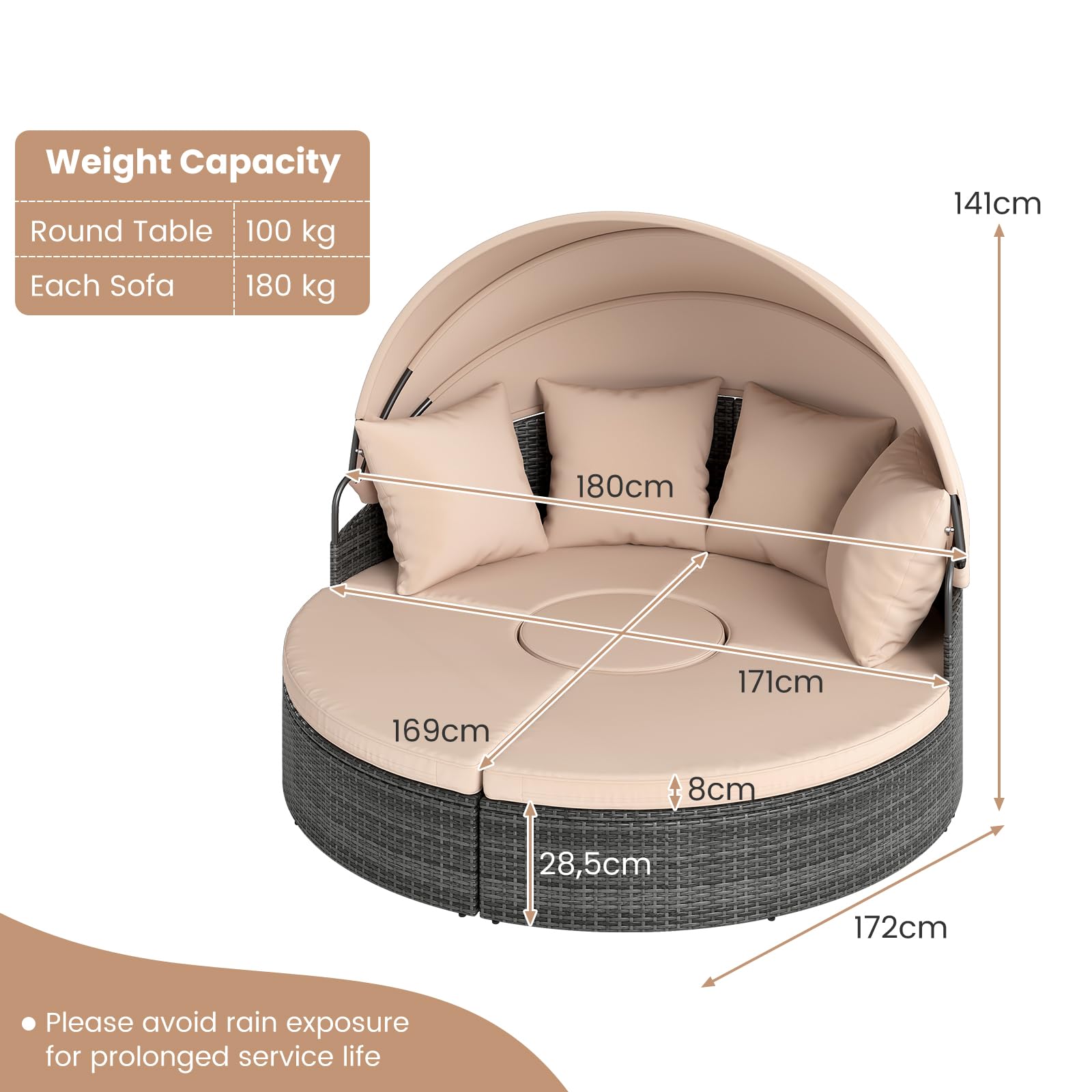 LIFEZEAL Isola Prendisole, Rattan Intrecciato a Mano, Componibile, Letto con Tettuccio Parasole Regolabile da Giardino Esterno, Salttto con Divani, Tavolino, Cuscini, Balcone, Mare, Piscina (beige)