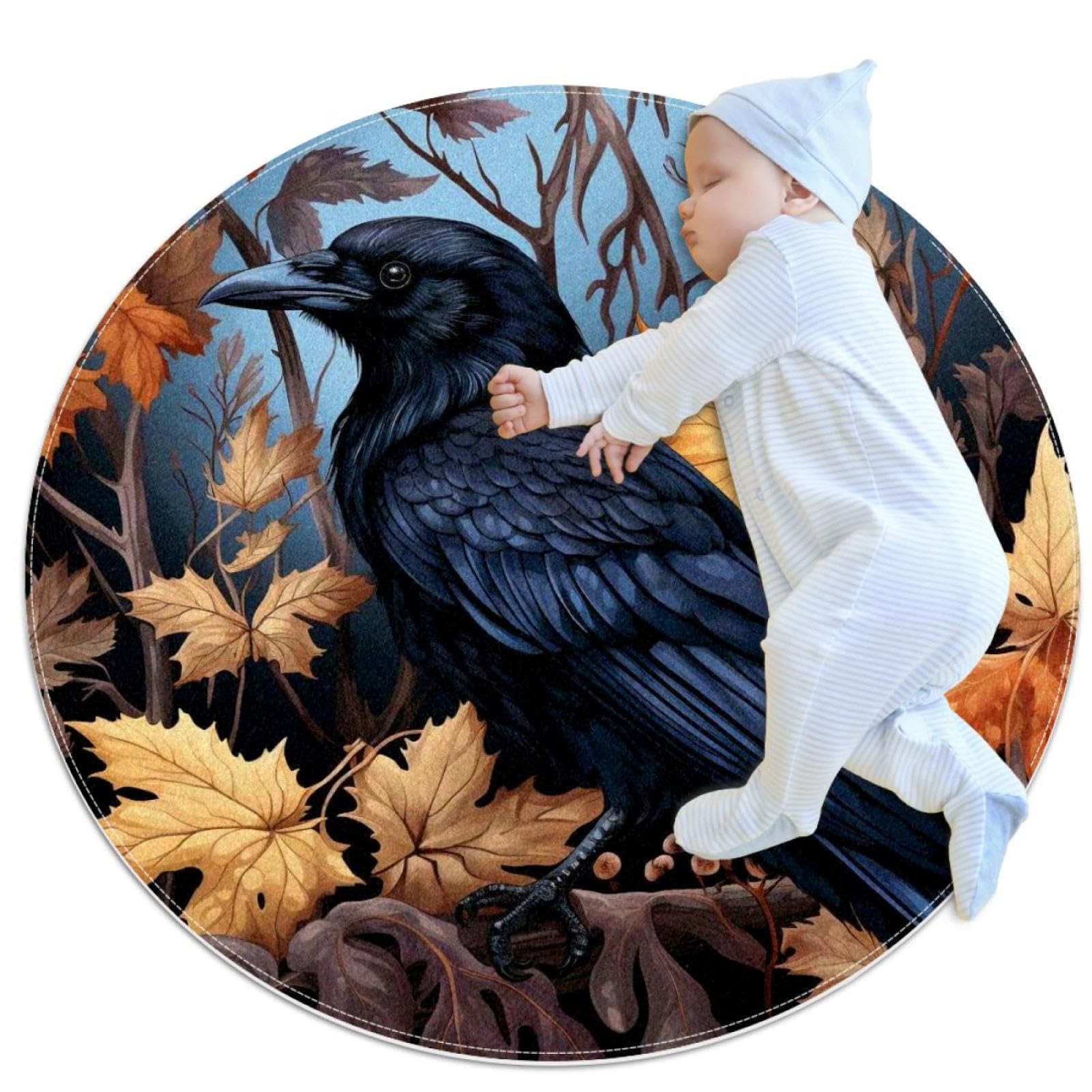 Tapis corbeau noir debout sur feuille déco originale chambre enfant