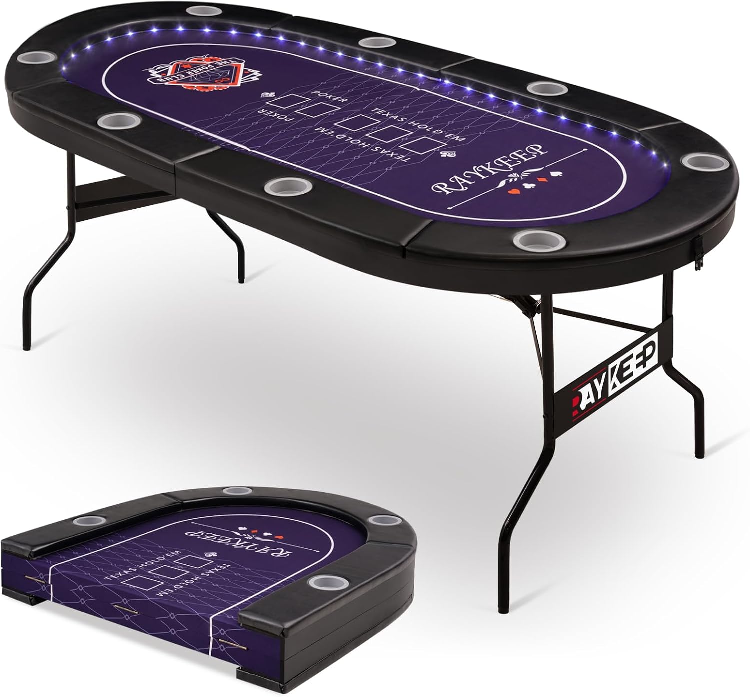71" LED Poker Table - 8 Player Foldable Texas Hold'em Table with Built-in LED Lights, Padded Rails & 8 Cup Holders, Portable Casino Card Table for Home Game Room & Parties