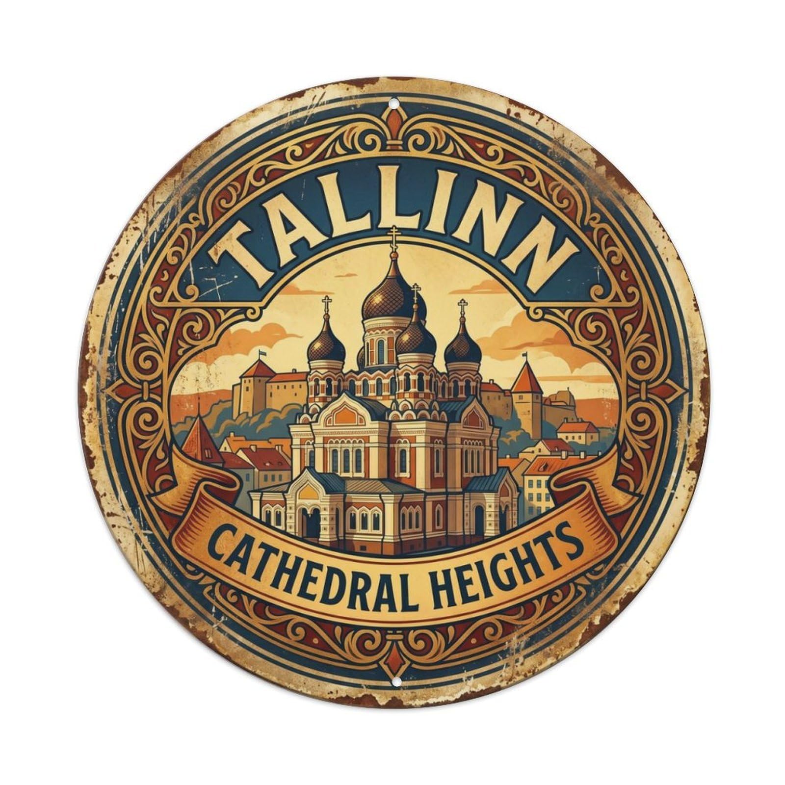 Vintage Travel Tallinn Cathedral Spires Metal Tin Sign Plaque Wall Decor for Cafe, Club, Garden Round Metal Poster 8x8Inch