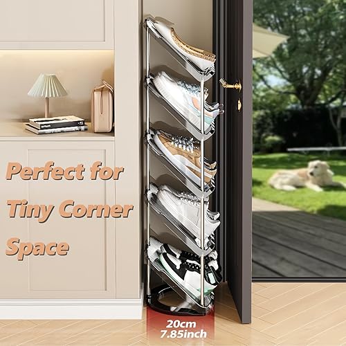 Miniatura 6 de Paquete de 2 zapateros estrechos inclinados de 5 niveles, estantes verticales para zapatos para espacios pequeños y esquinas, organizador de
