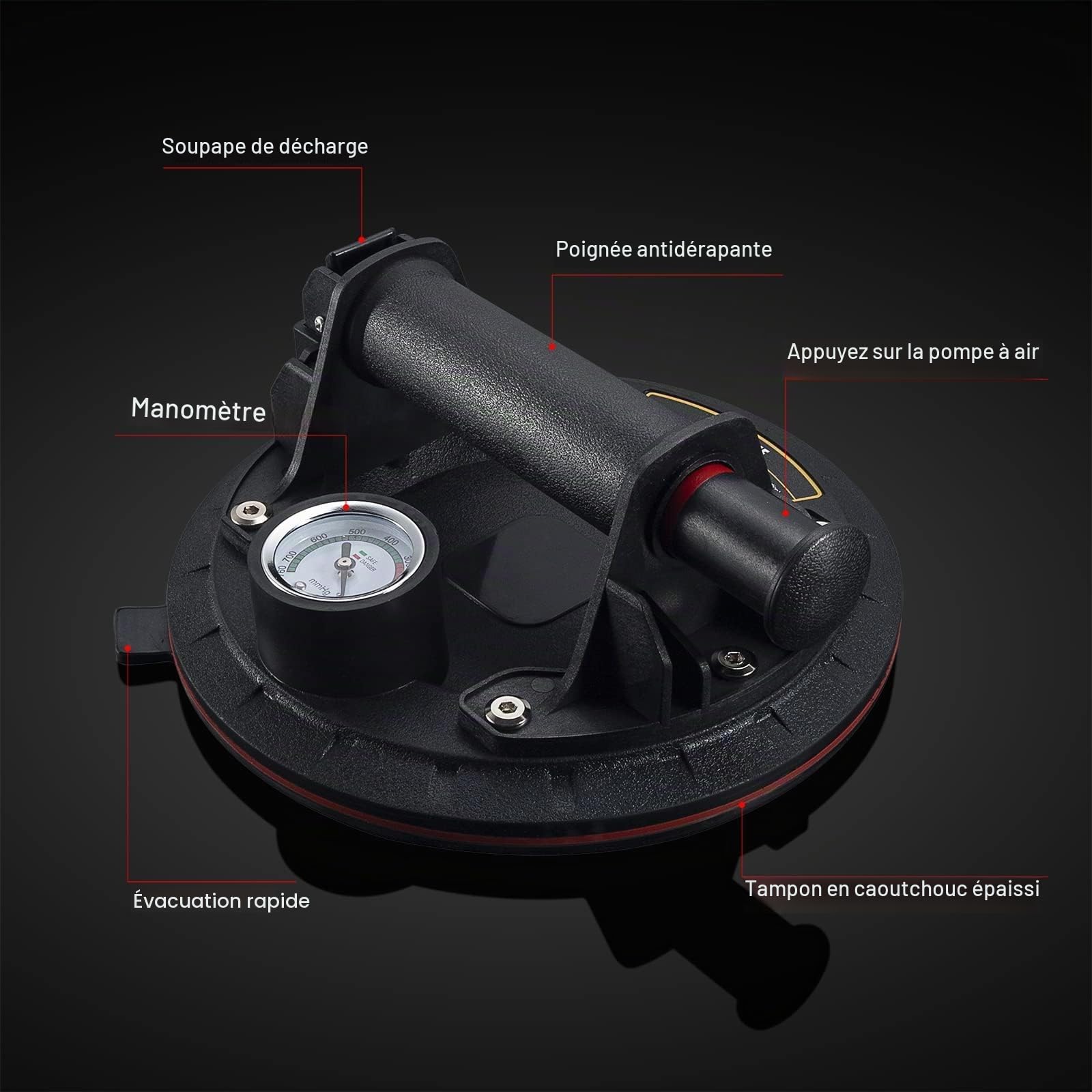 2 Pièces Ventouses en Verre de 8 Pouces avec Manomètre Pompe à Main en ABS Ventouses en Verre Puissantes pour Surfaces Planes et Lisses et Remplacement de Fenêtre/Boîte à Outils Portable Ventouses