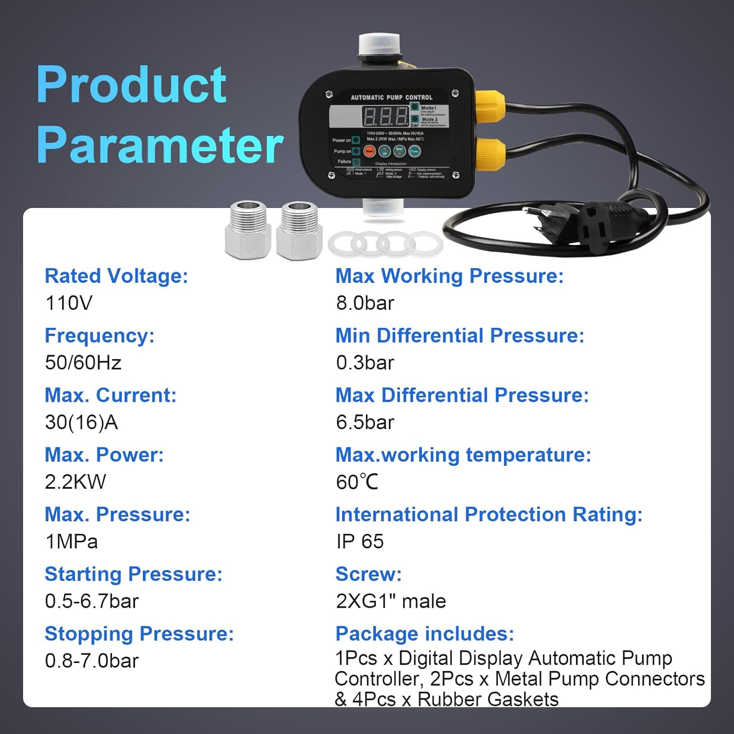 Smart Pump Controller with 2 Metal Pump Connector, BSPP G1 Threaded Interface, 2 Modes Digital Display, Adjustable Pressure, High Power, for Home, Garden, Industrial Use