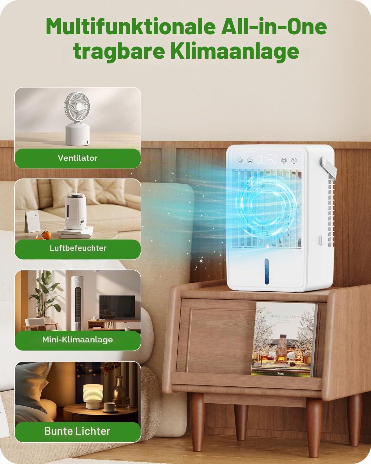 Mobile Klimaanlage mit 1500ML Wassertank, Mobiles Klimagerät mit 5 Gebläsestufen und 3 Betriebsarten, Timer-Funktion (2–10H), Fernbedienung, LED-Beleuchtung, USB-C-Anschluss - ideal für kleine Räume