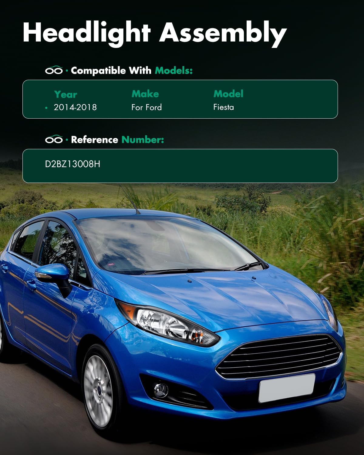 SCITOO Headlight Assembly Fit for 2014 2015 2016 2017 2018 for ford Fiesta Pair Headlamps OE:D2BZ13008H