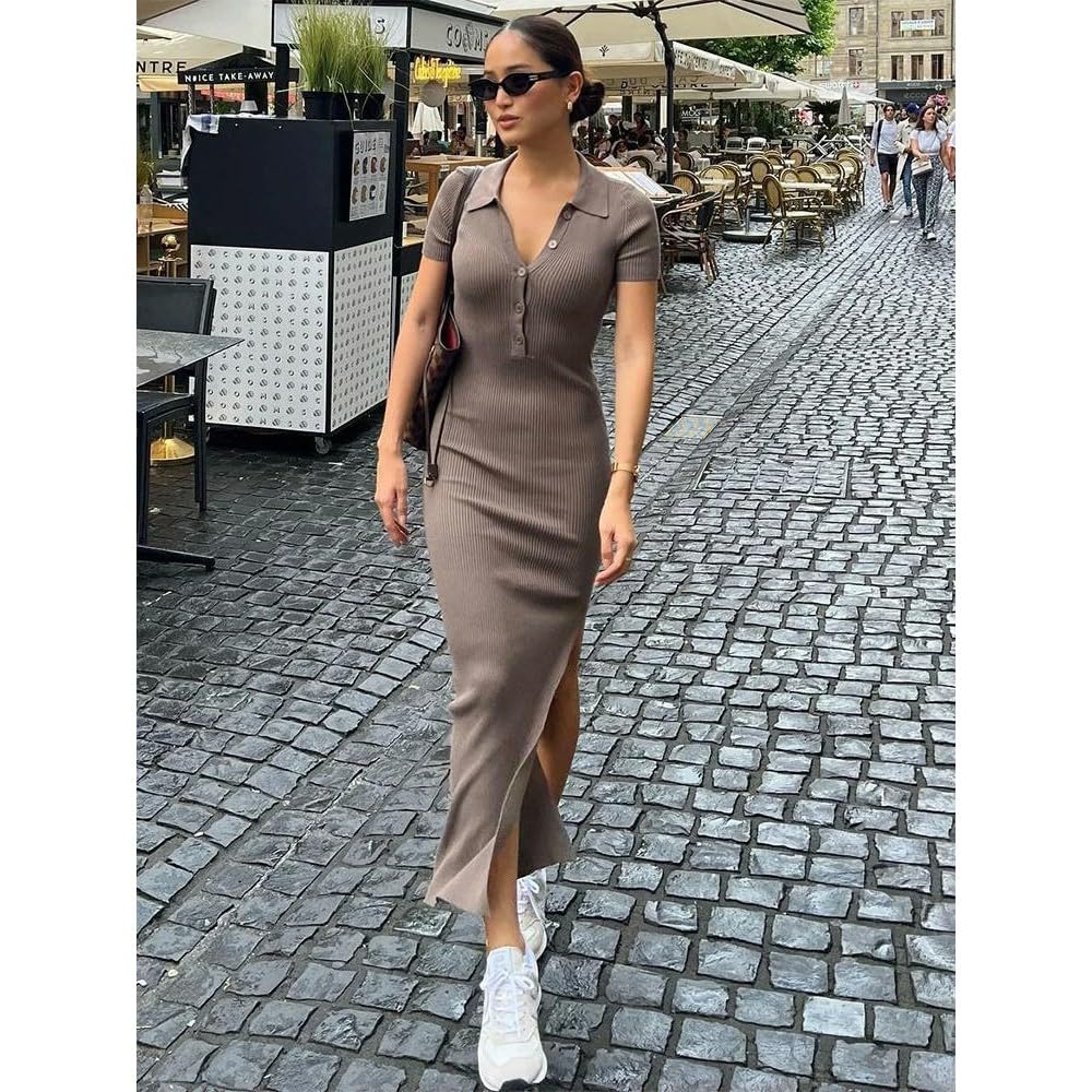DYRBF Abito lungo aderente da donna con colletto a polo a mezza zip e bottoni a costine con spacco laterale a maniche corte