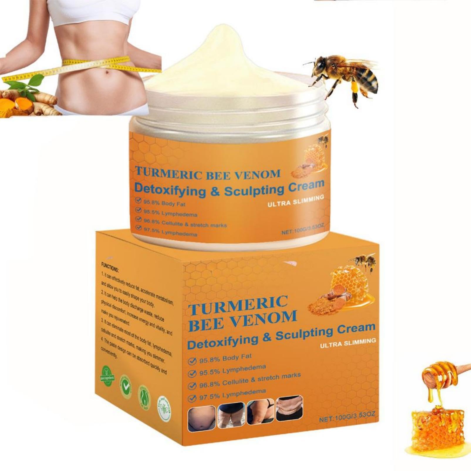 Turmeric Bee Venom Detoxifying & Sculpting Cream, Ultra-Slimming Firming Cream for Contouring Targets Abdomen