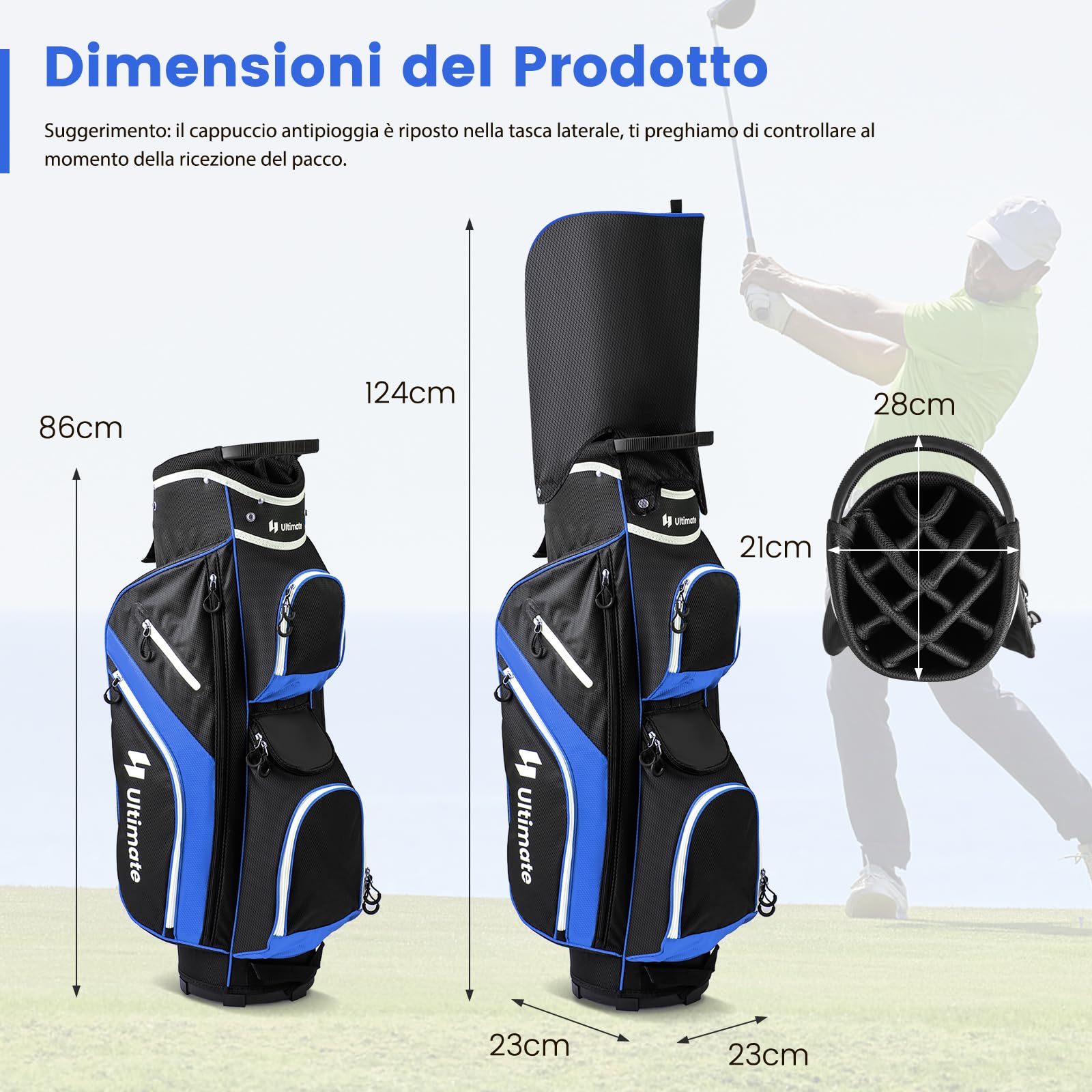 COSTWAY Borsa da Golf con Divisori Superiori a 14 Vie, 9 Tasche, Tasca Termica, Tasca per Scarpe, Porta Ombrello, Doppia Tracolla e Cappuccio Antipioggia, Sacca da Golf per Uomo e Donna