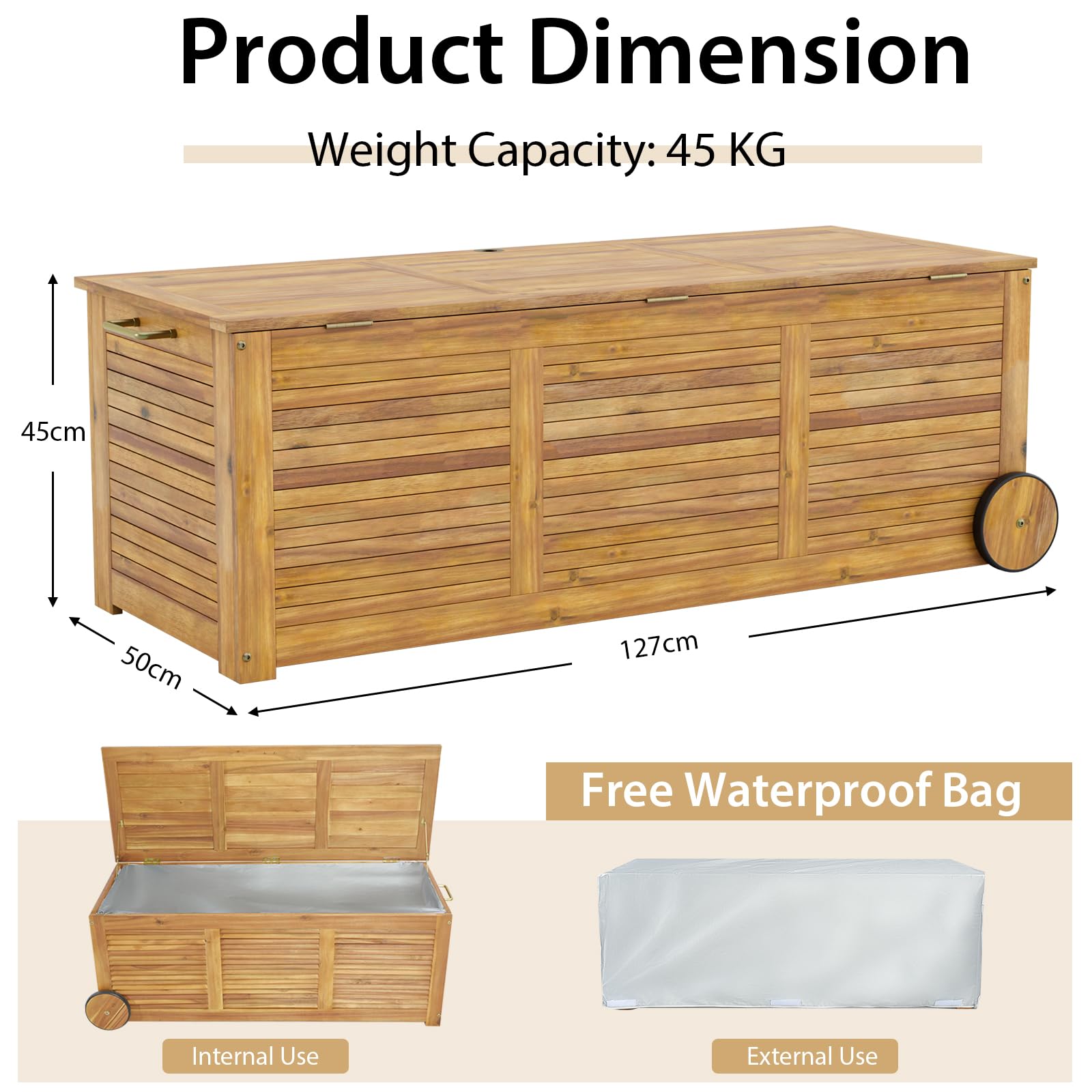 KOMFOTTEU Baule da Giardino 182 L con Ruote e Maniglie, Contenitore da Esterno con Borsa Interna Resistente all'Acqua, Cassapanca Contenitore da Interno in Legno di Acacia, 127 x 50 x 45 cm