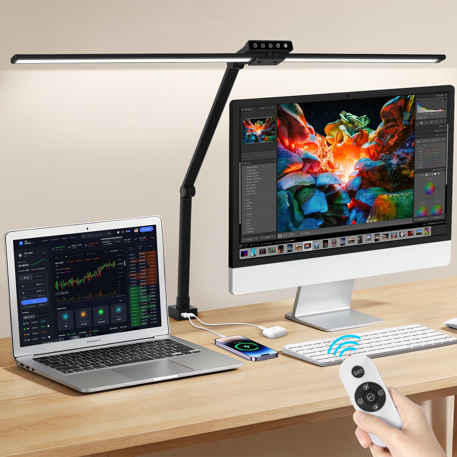 OUTON LED Schreibtischlampe Doppelkopf, Schwenkbarer Gelenkarm, USB-A & USB-C, Fernbedienung, 5 Farbtemperaturen, Stufenlos Dimmbar, Timer & Memory, Monitorlampe Büro & Homeoffice, Schwarz