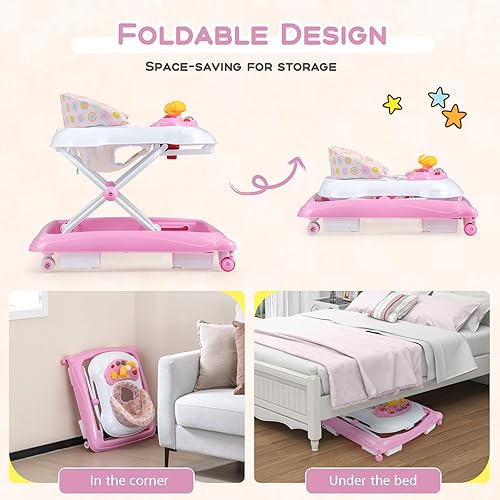 Miniatura 8 de BABY JOY Andador de bebé, 4 en 1 plegable para actividades con altura ajustable, música, luces, juguete extraíble, andador de empuje para niños y