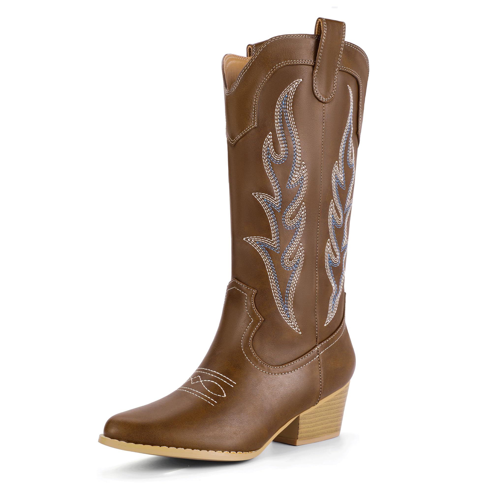 IDIFU IN2 Cowboy Boots for Women Mid Calf Cowgirl Boots Embroidered Western Boots Chunky Low Heel Pointed Toe