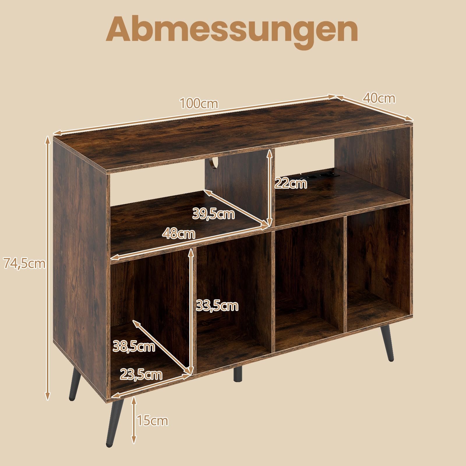 COSTWAY Plattenspielerständer mit Ladestation, Plattenspielerschank mit Vinyl-Aufbewahrungsregalen, Plattenaufbewahrungstisch inkl. 5 Metallbeinen, Sideboard für Wohnzimmer, Musikzimmer (Braun)