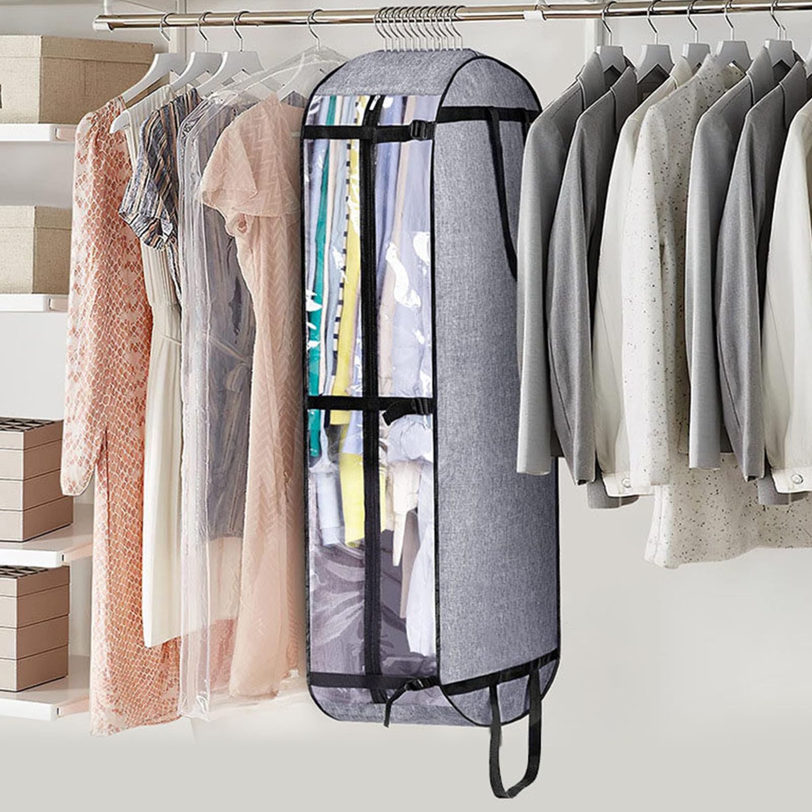 Funda Ropa Armario Tela Oxford Plegable con Ventana de Visualización | Gran Capacidad, Resistente Duradero Cuenta Asa Abertura para Percha para Ropa Abrigos(Black)