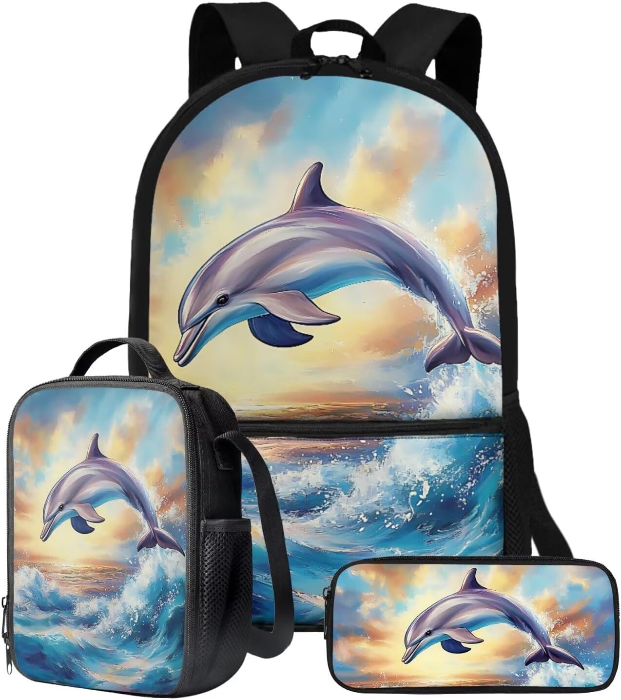 Talayituse Dolphin Cloud Print School Backpack Set for Boys Teens 3 Pieces School Bag with Lunch Bag and Pencil Case Preschool Elementary Bookbag Rucksack Satchel for School Travel Outdoor