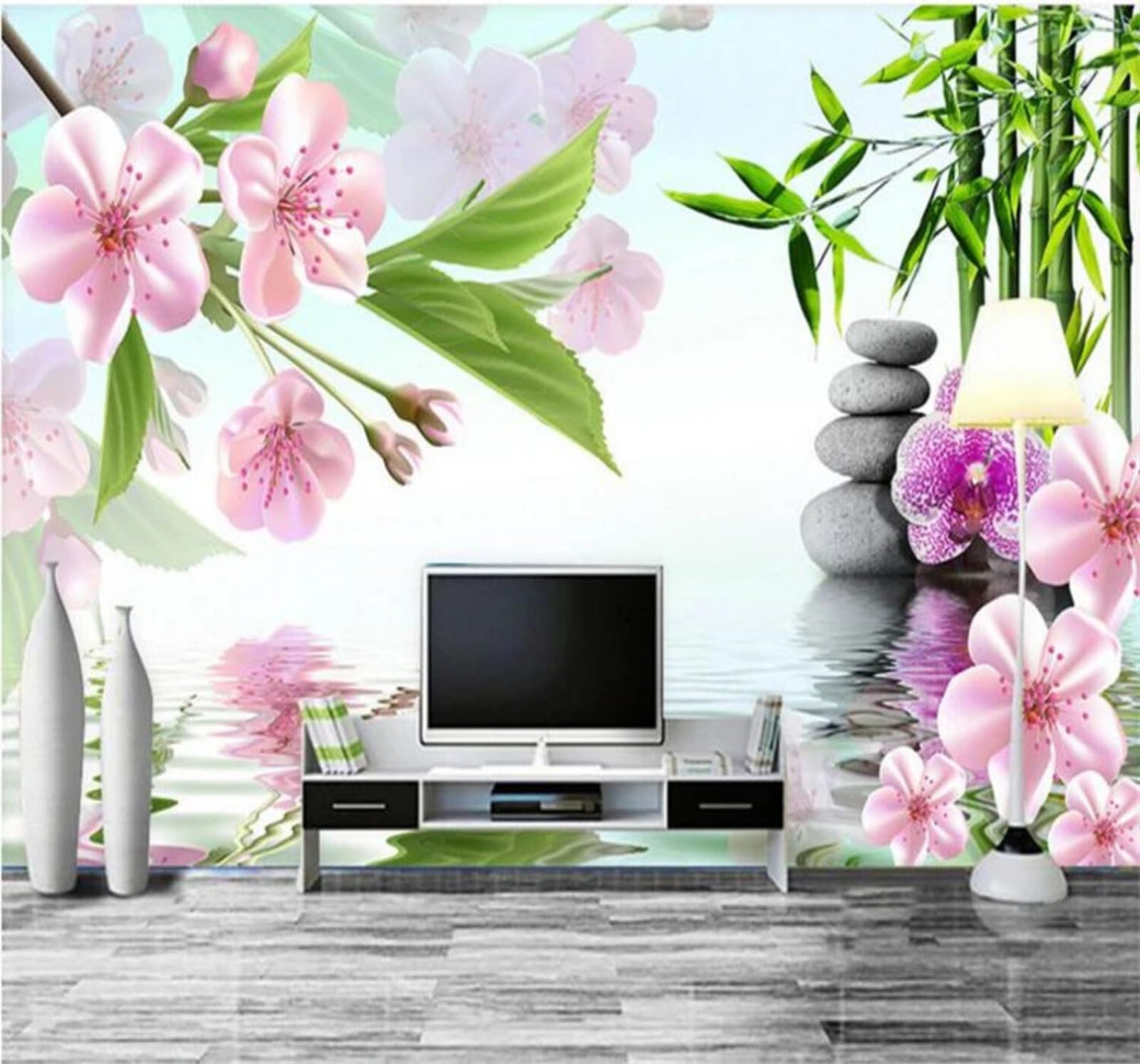 Wallpaper-3D-Xlm 250Cm×170Cm(B×H) Beautiful Green Leaves Plum Blossoms Bamboo Reflection 3D Wallpaper Easy Install Feature Office Living Room Sofa Bedroom Tv Background Wall Decoration-250Cm×170Cm