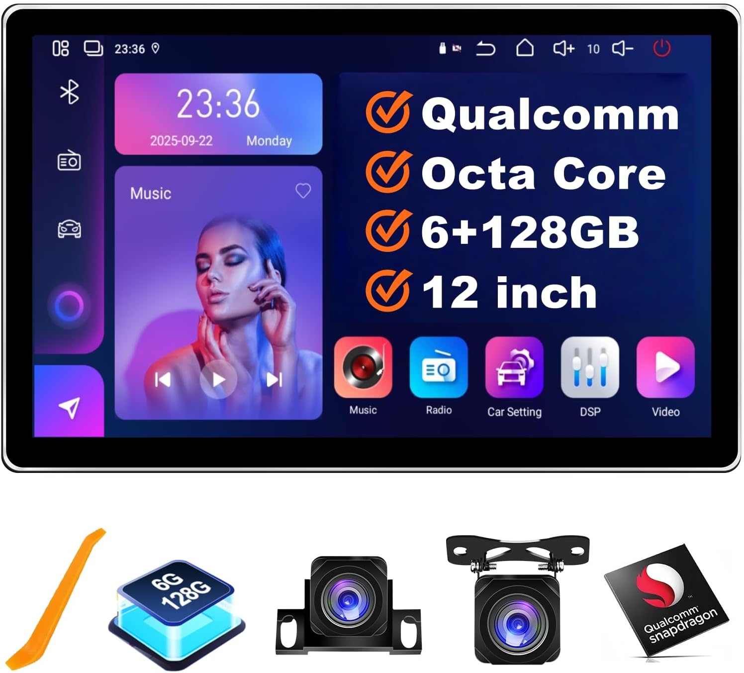 6+128GB Android 15 Qualcomm Car Stereo with Wireless CarPlay Android Auto, 12 inch QLED Touch Screen Upgrade GPS Navigation with AHD1080P Front and Rear Camera, Octa Core, WiFi, Bluetooth, Support 4G