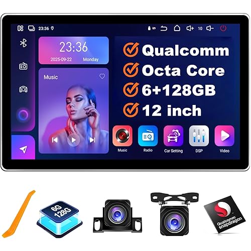 6+128GB Android 15 Qualcomm Car Stereo with Wireless CarPlay Android Auto, 12 inch QLED Touch Screen Upgrade GPS Navigation with AHD1080P Front and Rear Camera, Octa Core, WiFi, Bluetooth, Support 4G