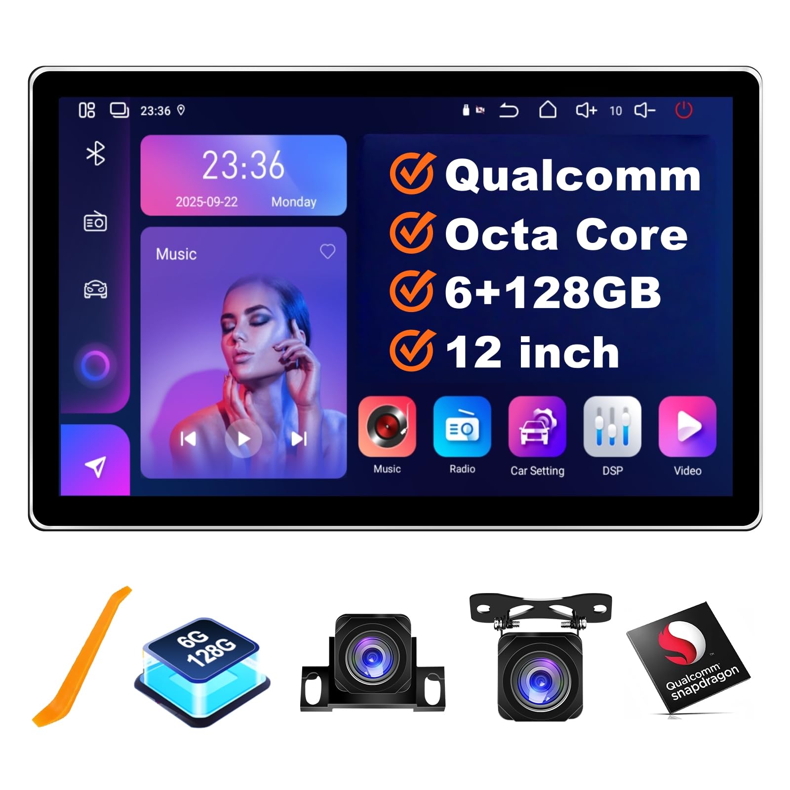 Photo 1 of 6+128GB Android 15 Qualcomm Car Stereo with Wireless CarPlay Android Auto, 12 inch QLED Touch Screen Upgrade GPS Navigation with AHD1080P Front and Rear Camera, Octa Core, WiFi, Bluetooth, Support 4G