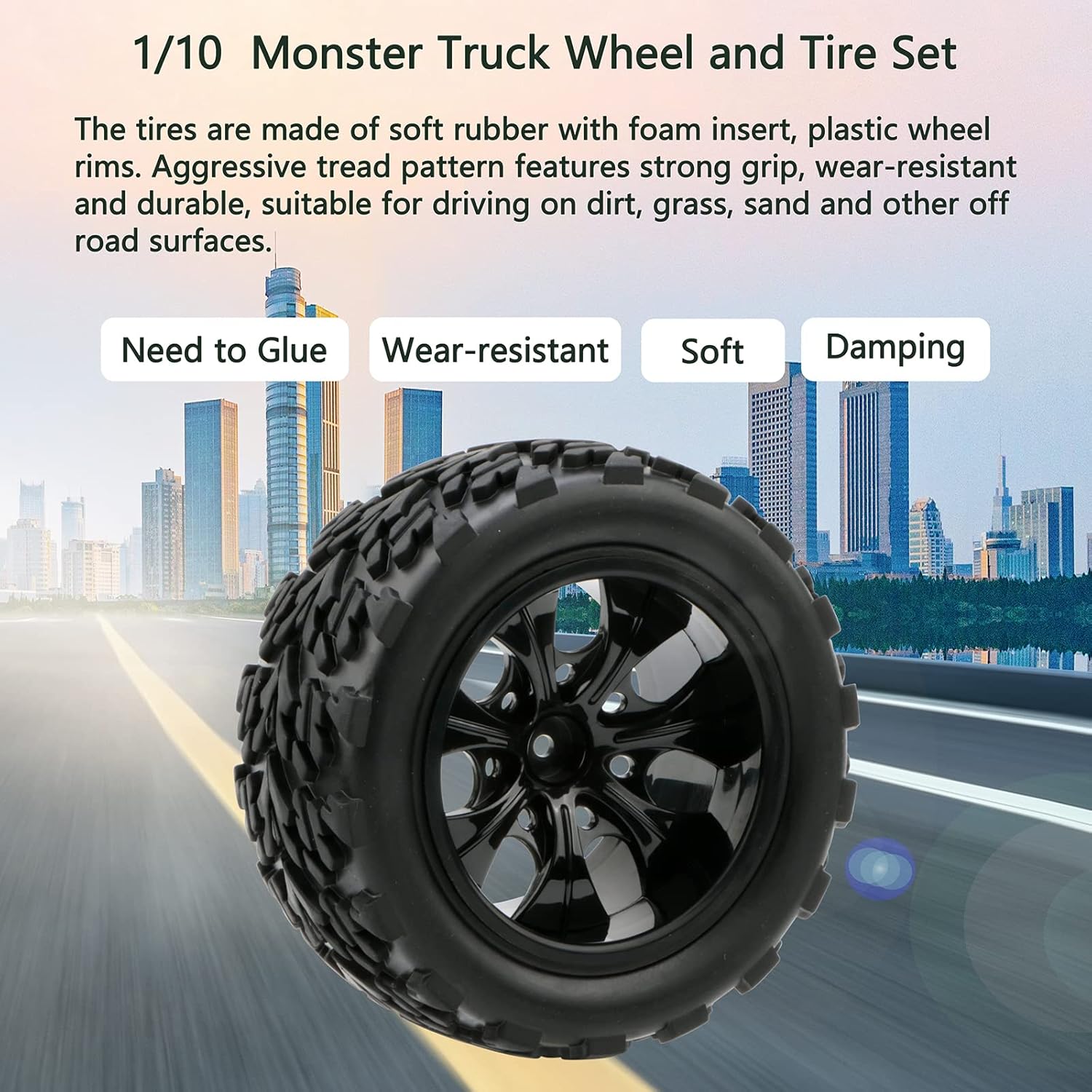 RC Car Tires 1/10 Scale Accessories 12mm Hex RC Wheel and Tires Soft Rubber Offroad Tyre for 1/10 Monster Truck, 4 Pack