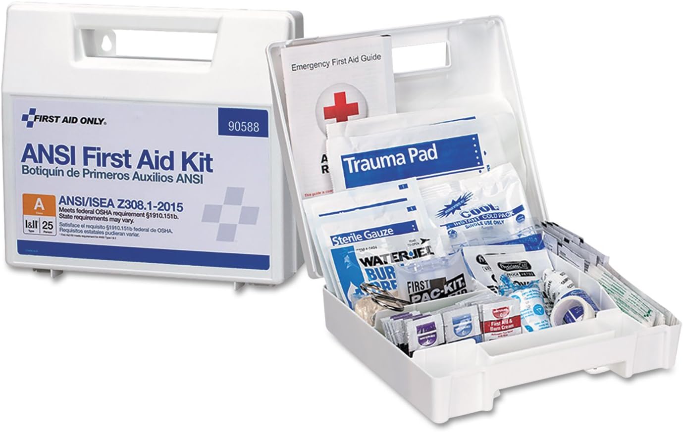 First Aid Only 90562 ANSI A 2015 and OSHA Compliant First Aid Kit, 25-Person Emergency First Aid Kit for Business, Home, Car, and Construction Sites, 89 Pieces First Aid Only 90562 ANSI A 2015 and OSHA Compliant First Aid Kit, 25-Person Emergency First Aid Kit for Business, Home, Car, and Construction Sites, 89 Pieces