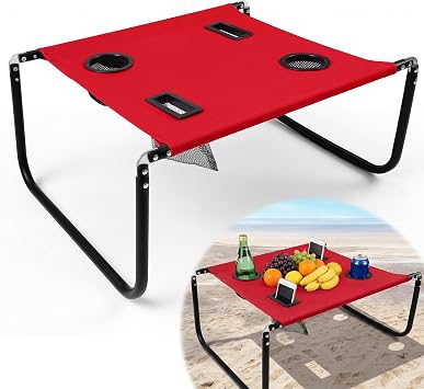 Portable Beach Table Foldable Pockets, Red, Solid Pattern