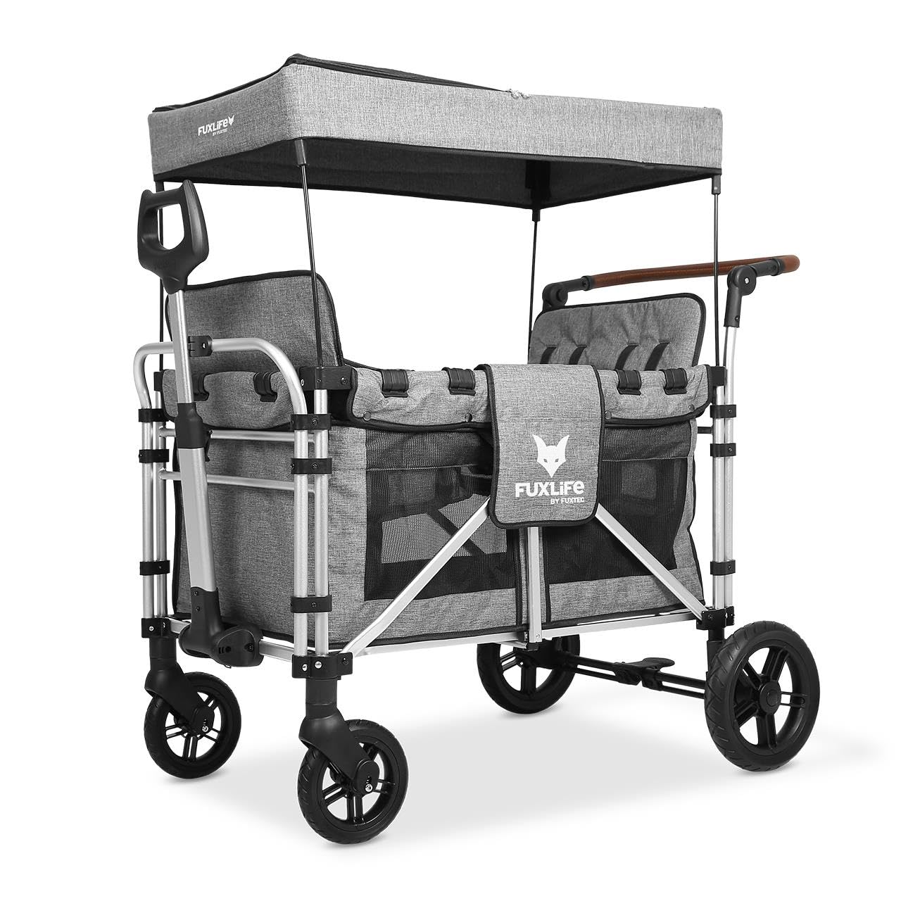 Fuxtec Light_grey Fuxlife Fx-Ctxl900 Premium Xl Folding Wagon For 4 Kids With Raised Double Seats, 5-Point Safety Belts & Sun Canopy – Foldable Handcart With Solid Rubber Tyres – Premium Grey